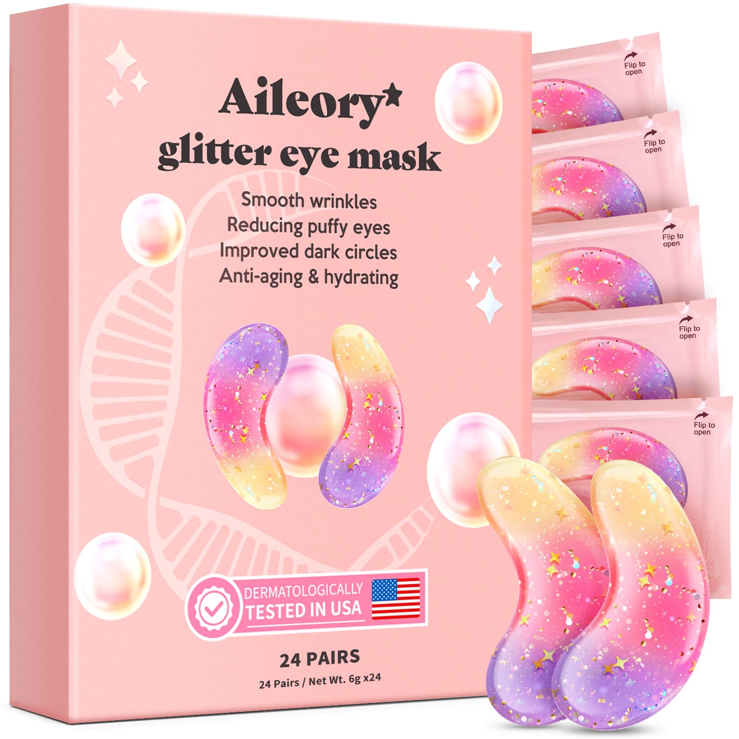 AILEORY Under Eye Patches (24 Pairs) - Tri-color Glitter Eye Gel - Product Imagery