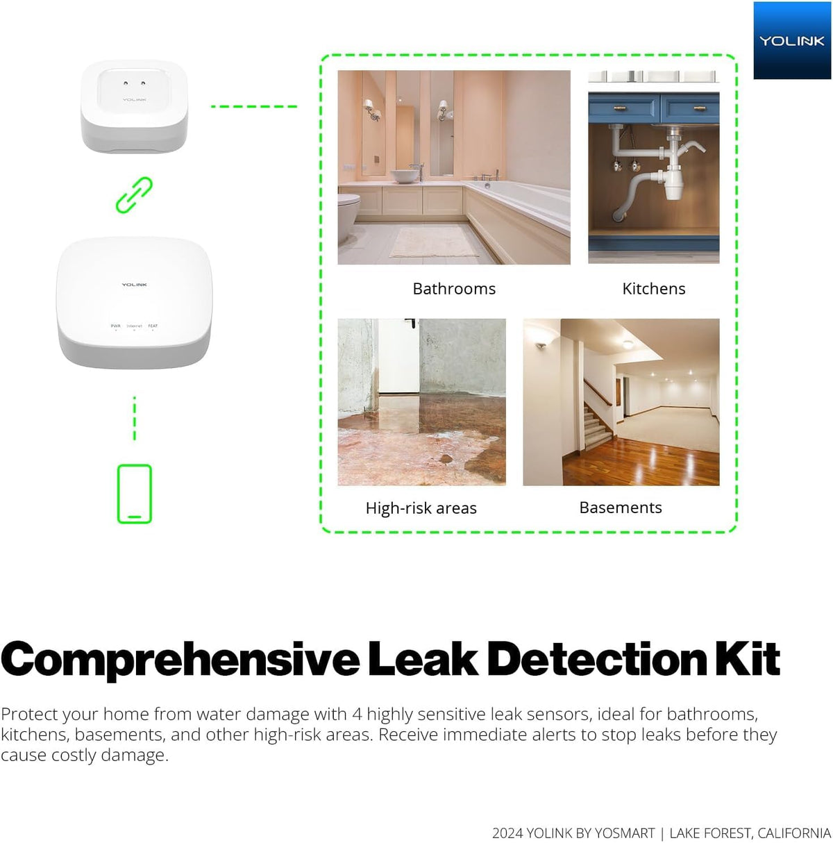 YoLink Water Leak Sensor 1 Kit: 2-Pack + Hub