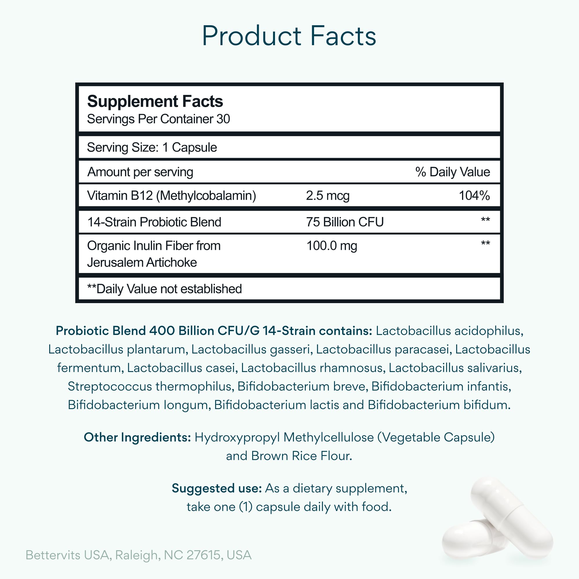 Bettervits Probiotics 75 Billion CFU - 14 Strains with Prebiotic Inulin