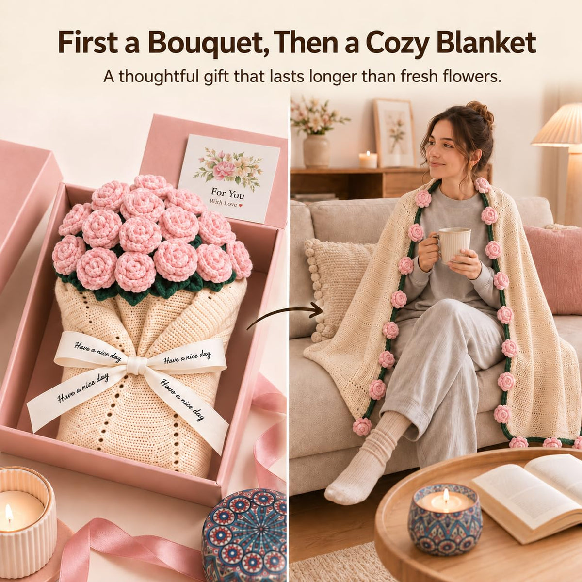 Gifts for Women Self Care Gift Set with Bouquet Blanket Cup - Smbrige Official Imagery - 6