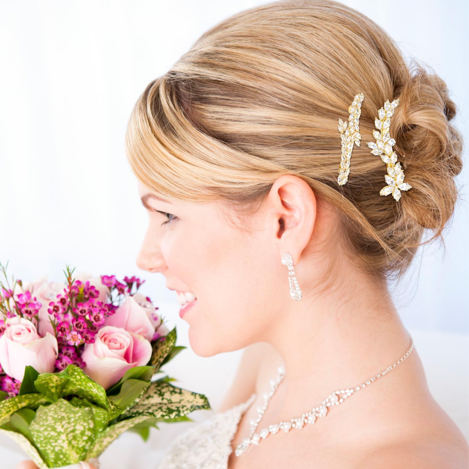 ANBALA gold rhinestone leaf hair clips for women, perfect for wedding accessories and elegant hairstyles.