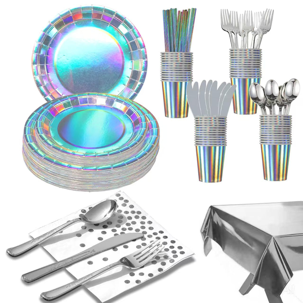 Zyzyphor 201-piece disposable party tableware set with paper plates, cups, napkins, straws, tablecloths, plastic knives,