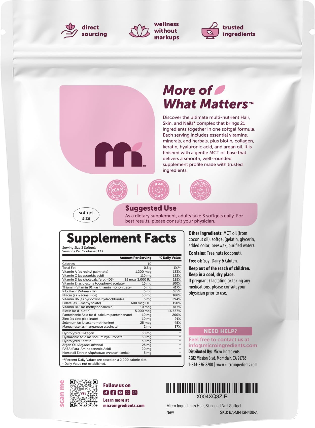 Micro Ingredients 21-in-1 Hair Skin Nails Softgels 400ct