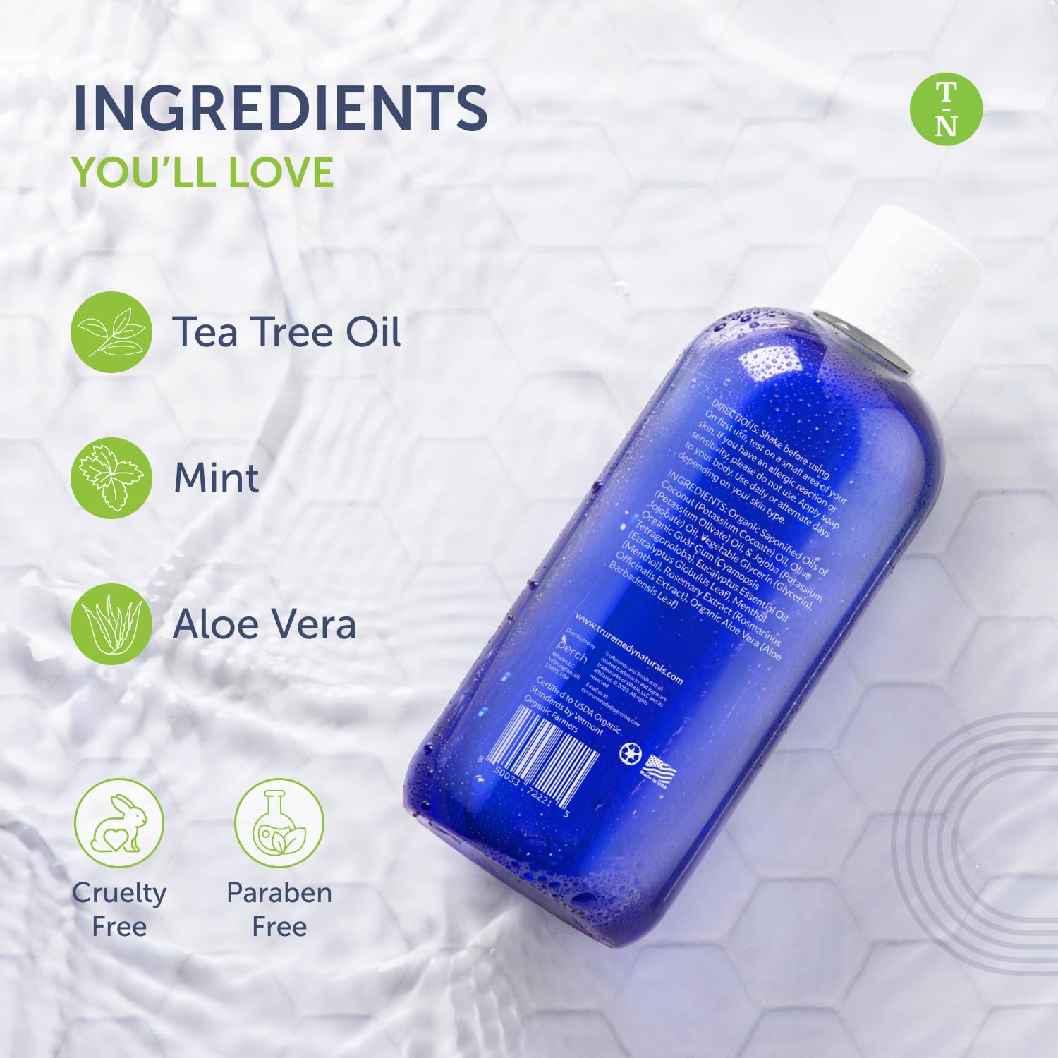 Truremedy Naturals Tea Tree & Peppermint Body Wash in 12oz bottle, natural skin cleaning agent with refreshing botanical ingredients.