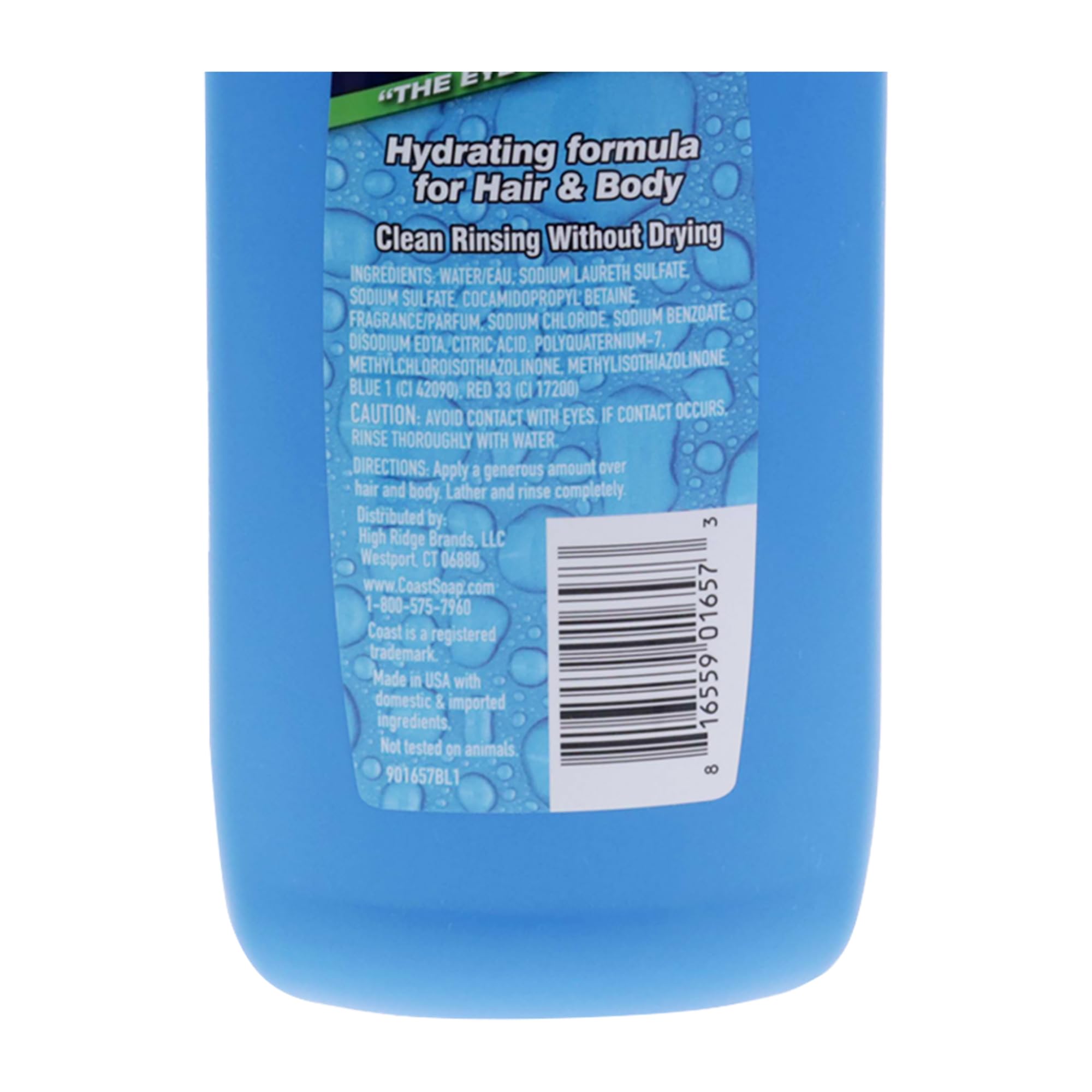 Coast 2-in-1 hair and body wash in 18 oz bottle with rich foam and clean rinsing formula, free from parabens and phthalates.