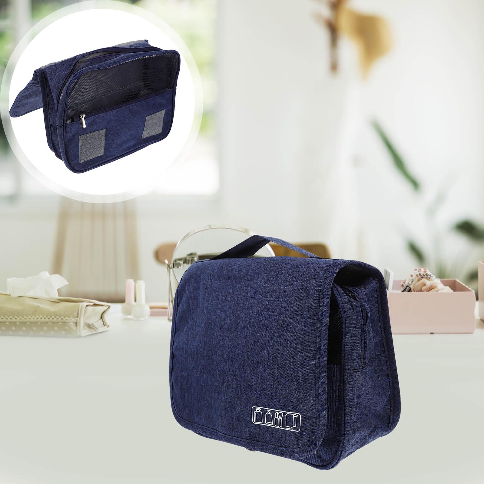 WOFASHPURET travel toiletry bag for women, foldable waterproof makeup organizer pouch in matte navy, portable cosmetic storage.
