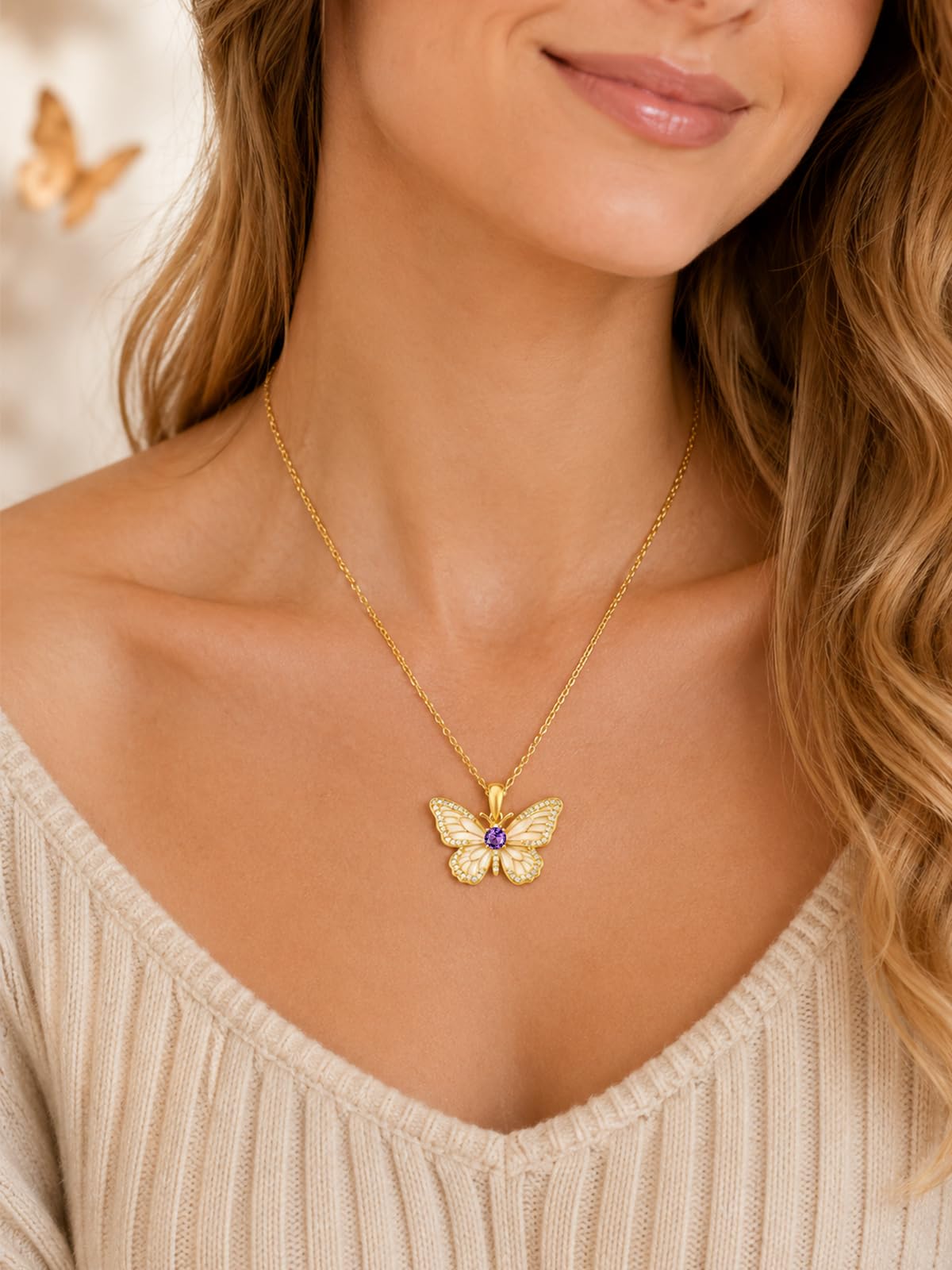 KINGWHYTE Birthstone Butterfly Necklace 925 Sterling Silver for Women – close-up detail in Gold