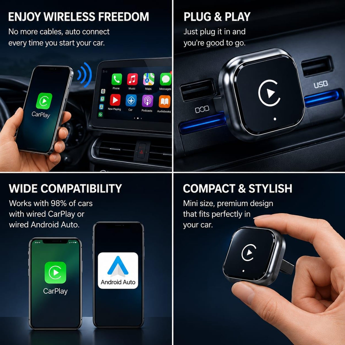 Genial Essence 2-in-1 Mini Wireless CarPlay & Android Auto Adapter – packaging and label