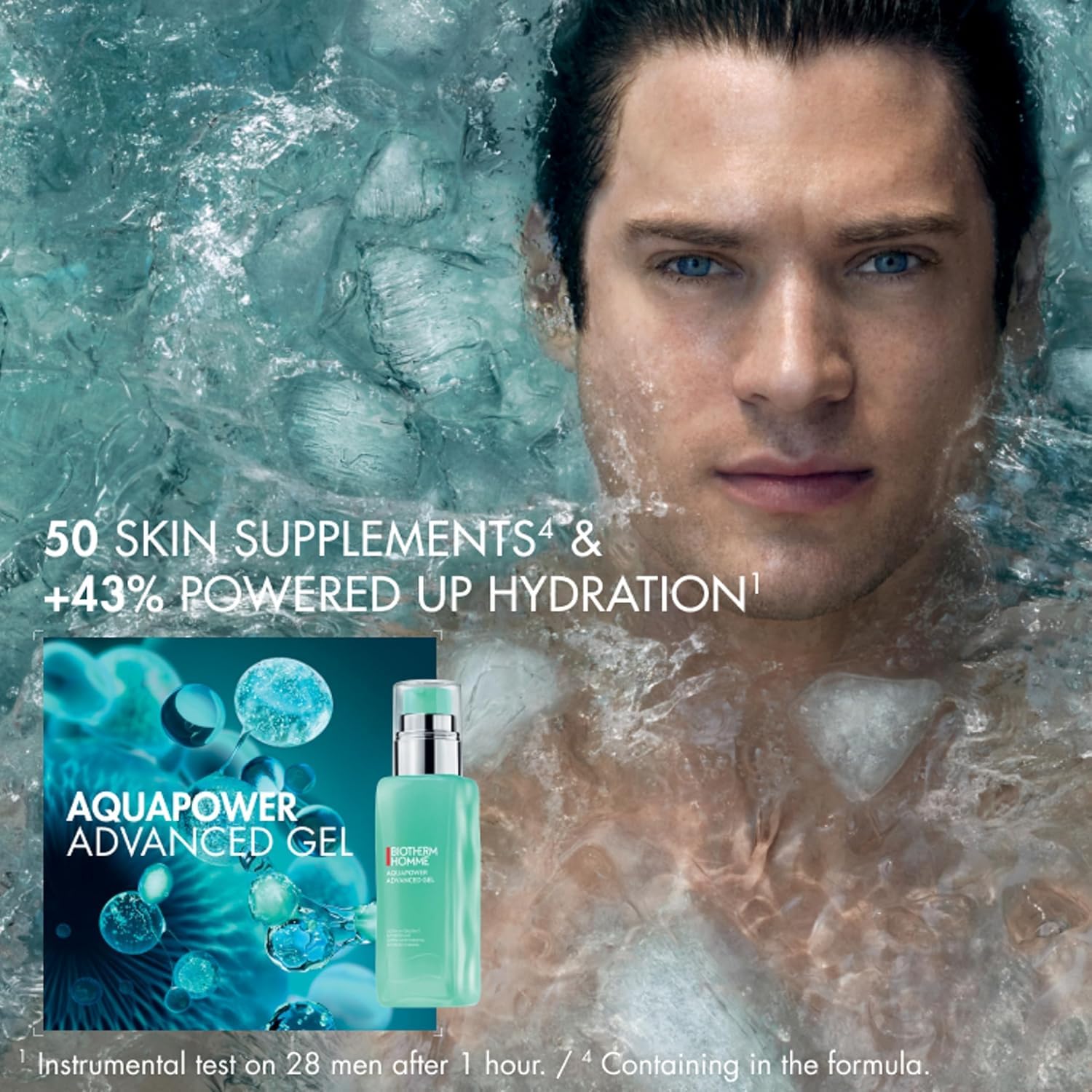 Biotherm Aquapower Advanced Gel moisturizer for men, water-gel formula with biotech plankton, showing the gel texture in a jar.