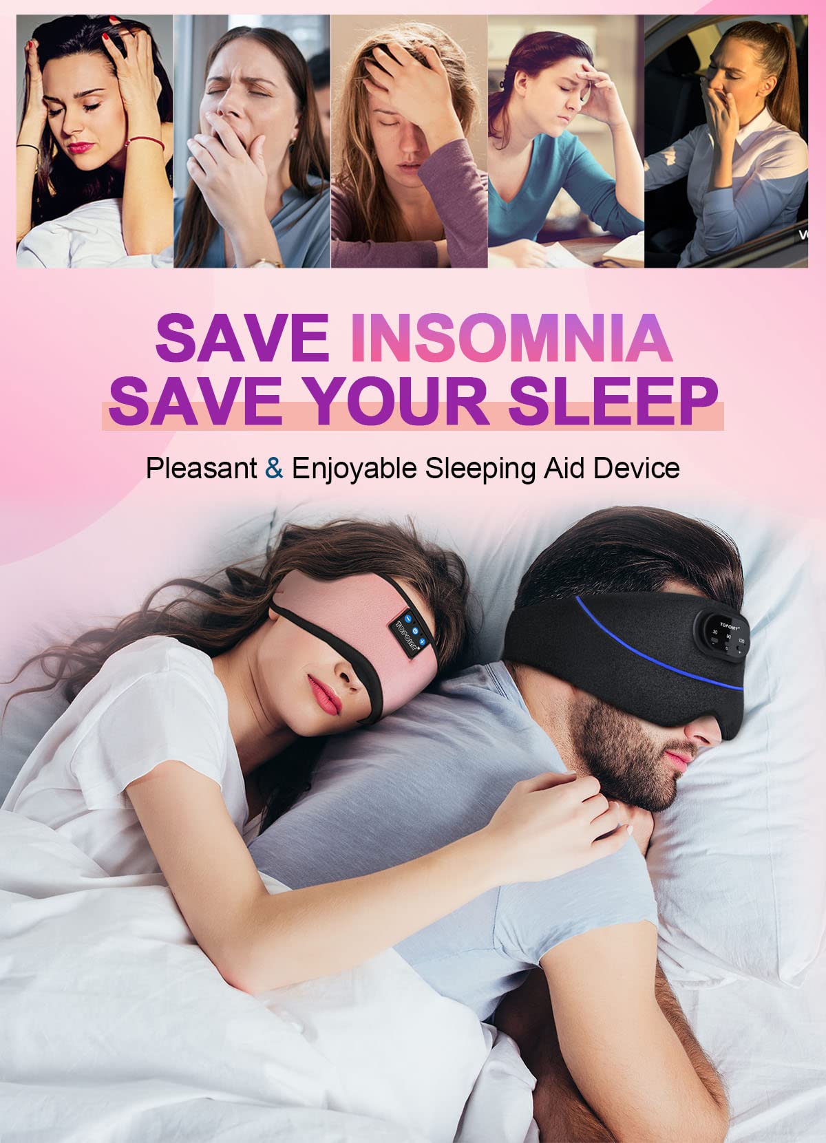 TOPOINT Sleep Mask Headphones Bluetooth 5.2 Wireless, Blackout Eye Mask for Women Men Sleeping Travel Meditation Gifts C
