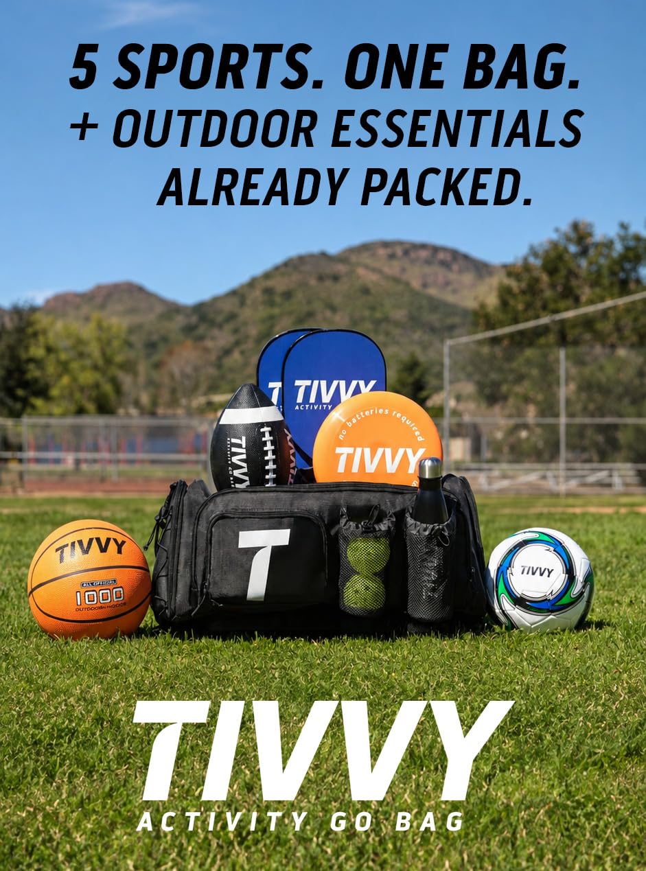 TIVVY Pre-Packed Multi-Sport Outdoor Activity Bag for Families | Includes Basketball, Soccer Ball, Football, Pickleball,