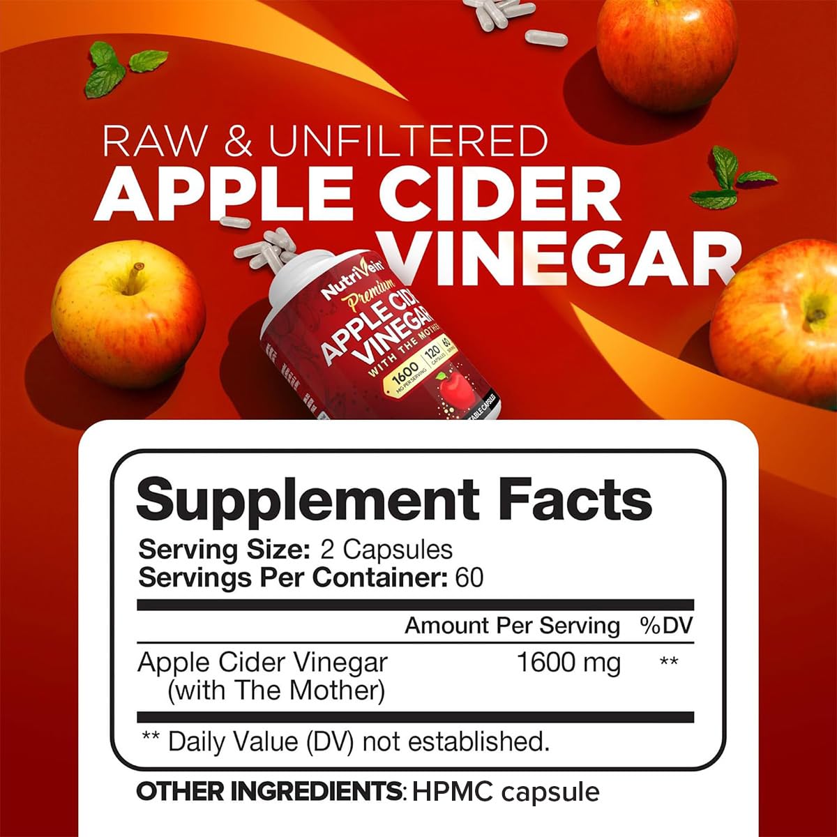Nutrivein Apple Cider Vinegar Supplement with Mother 1600 mg - 120 Capsules