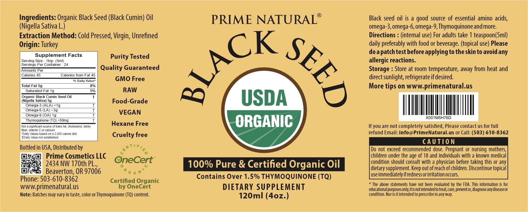 Prime Natural Organic Black Seed Oil Cold Pressed Cumin Seed Oil 4oz