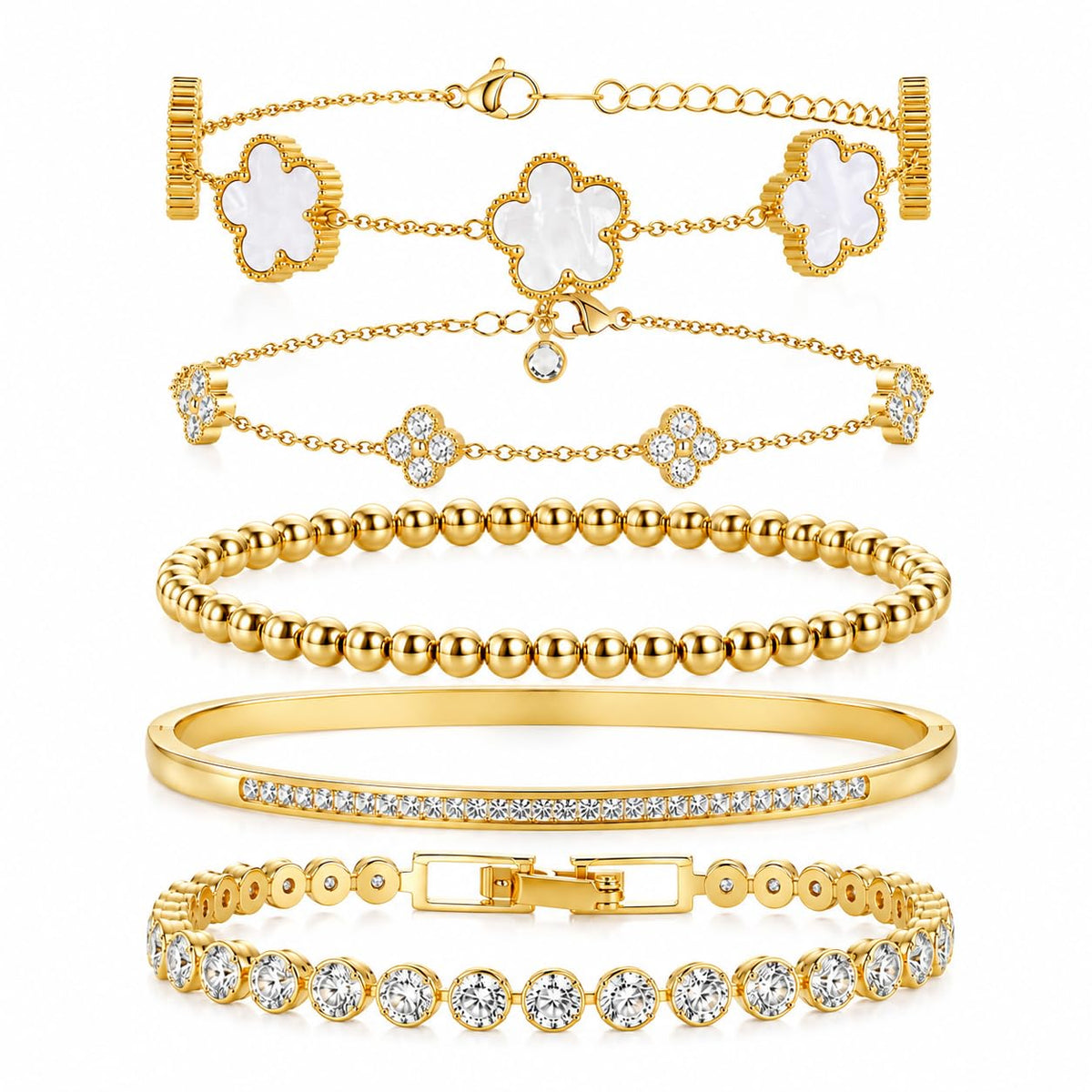 SLYSZMC 18K Gold Plated Clover Bracelet Set for Women - Four Leaf Lucky Clover Stackable Bracelets, Adjustable Beaded Ch