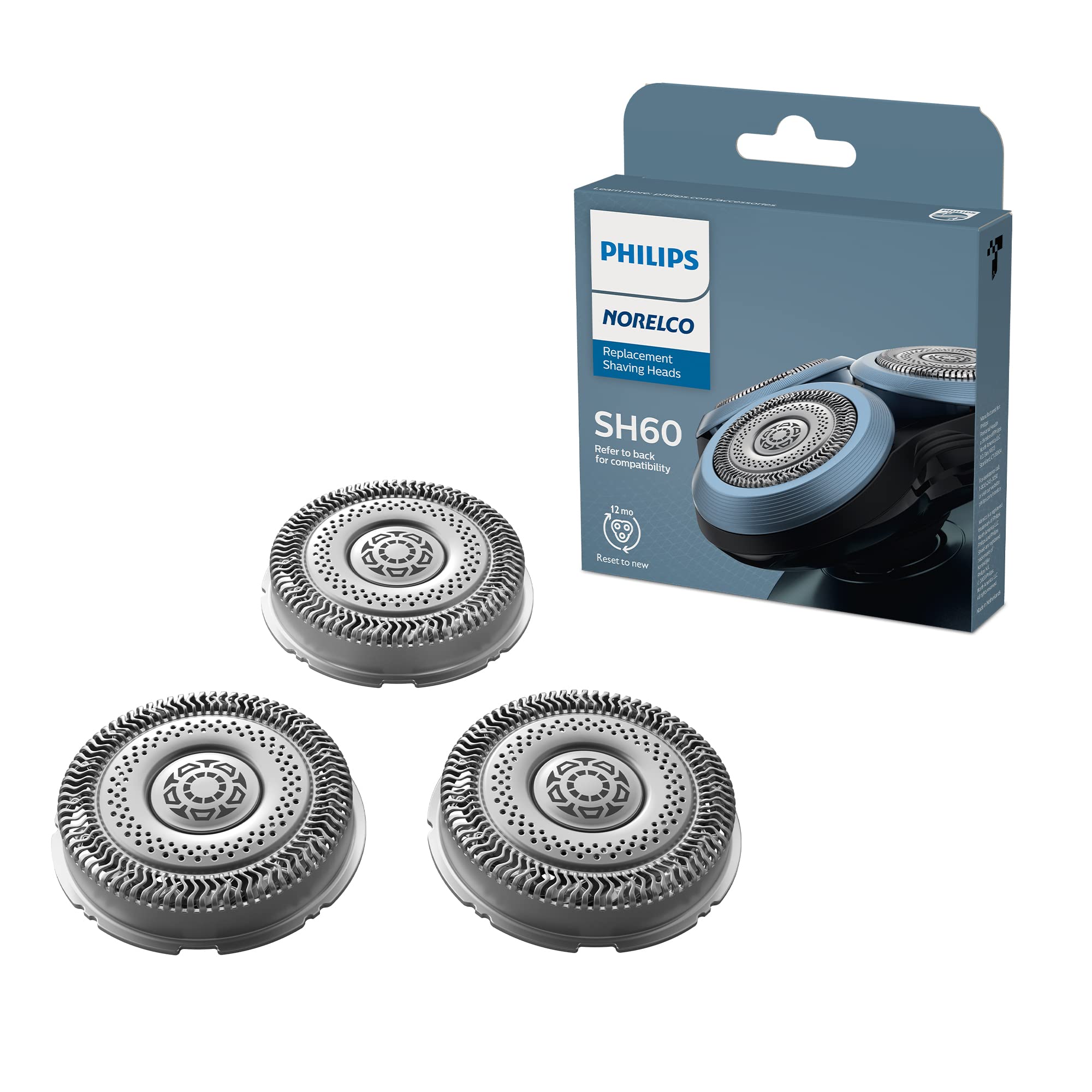Philips Norelco SH60/72 replacement shaver heads 3-pack for electric shaver, showing close-up of the three shaver head attachments.