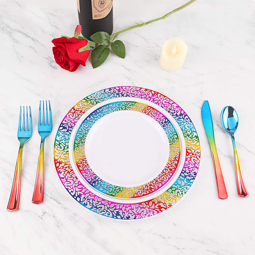 supernal Rainbow Plastic Plates | Disposable Party Dinnerware Set – full view