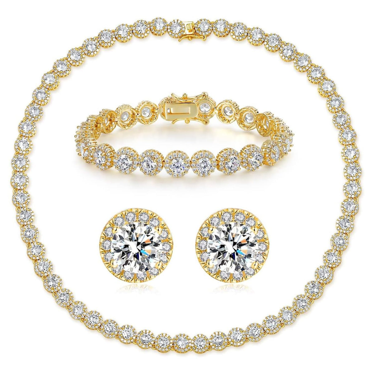 Gemsme 18K White Gold Plated Cubic Zirconia Tennis Necklace Bracelet Earrings for Women for Men Jewelry Set – Gold, Bras