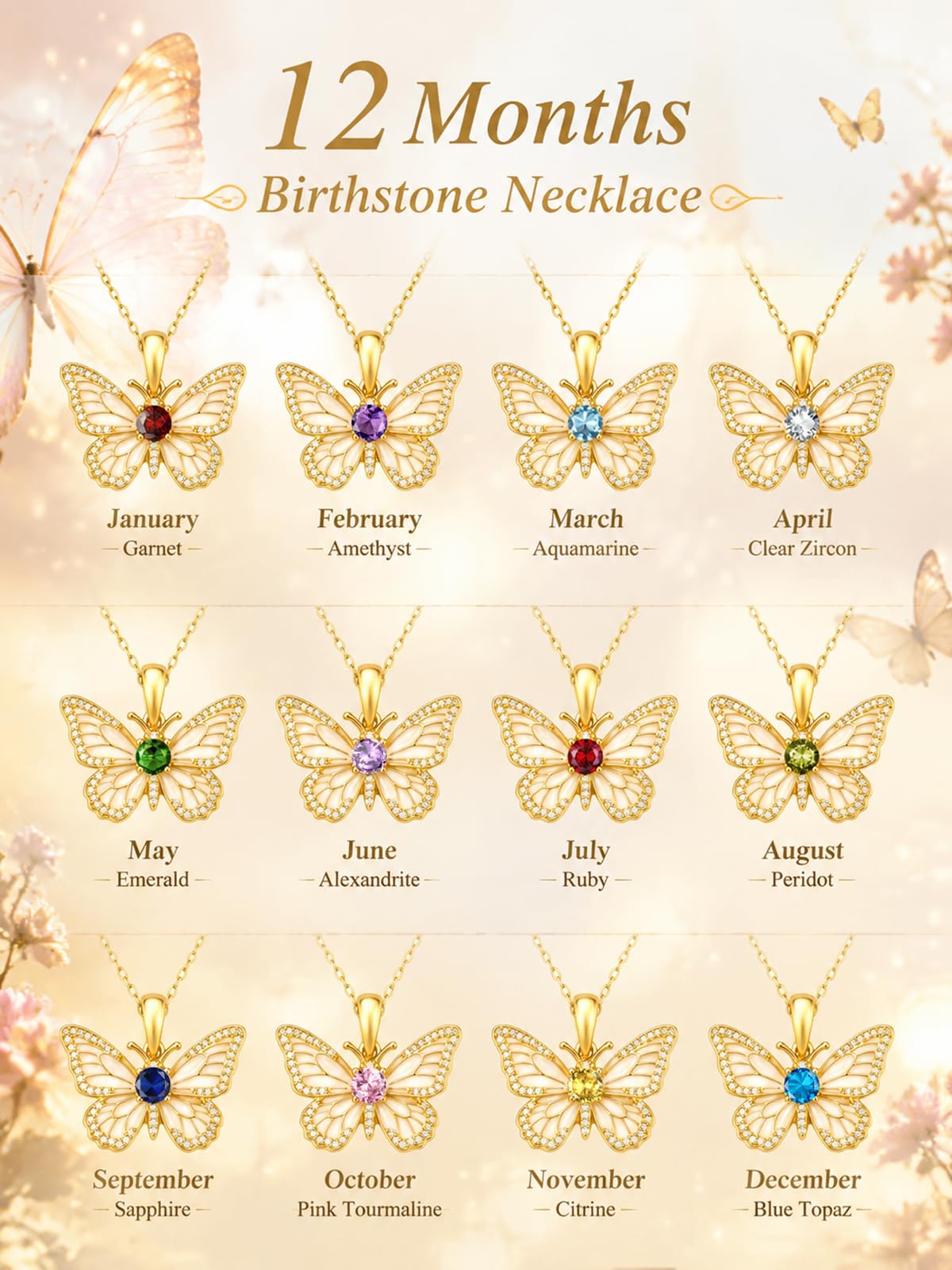 KINGWHYTE Birthstone Butterfly Necklace 925 Sterling Silver for Women – back view and specifications