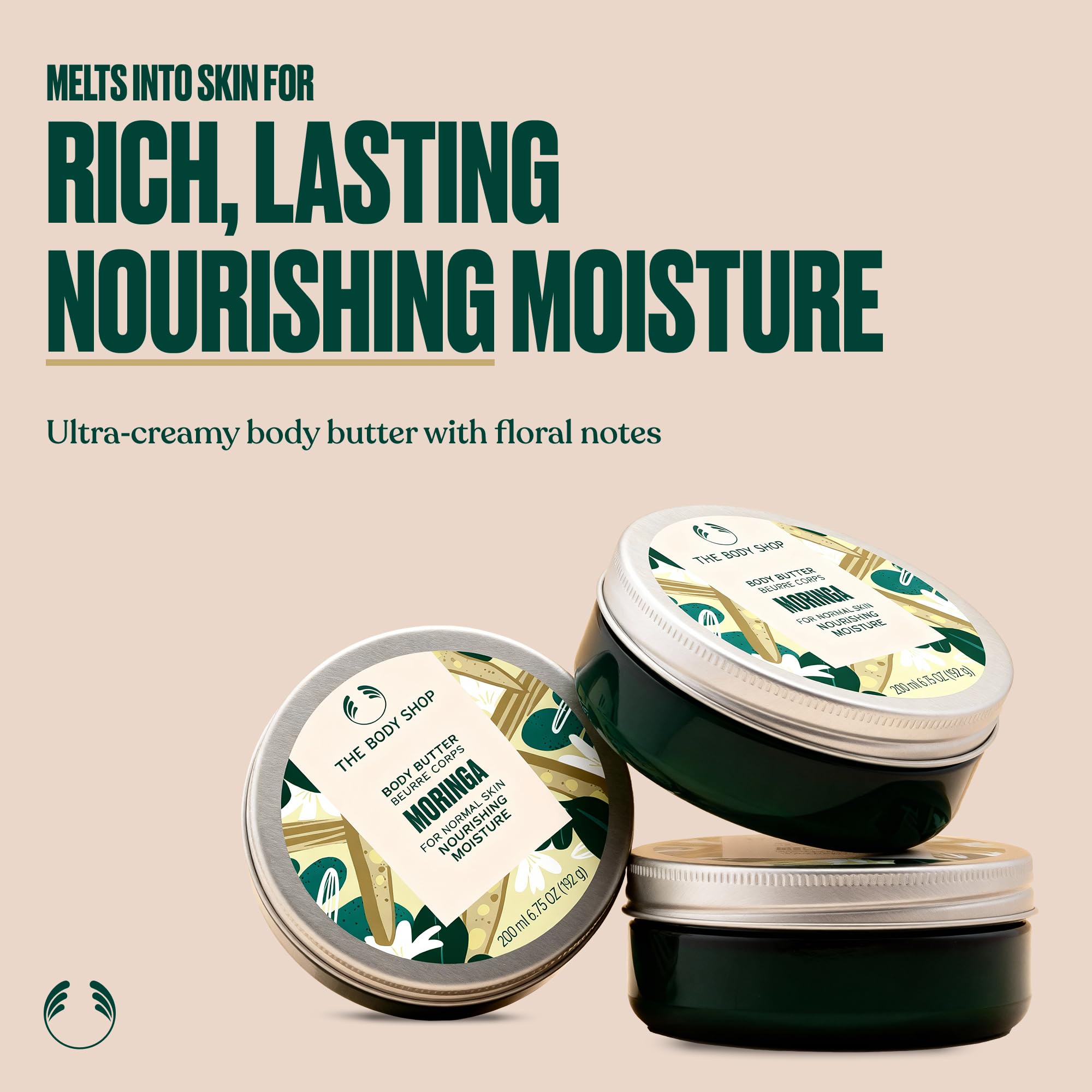The Body Shop Moringa Body Butter in 6.75 oz jar, creamy moisturizer with floral Moringa scent and smooth texture.