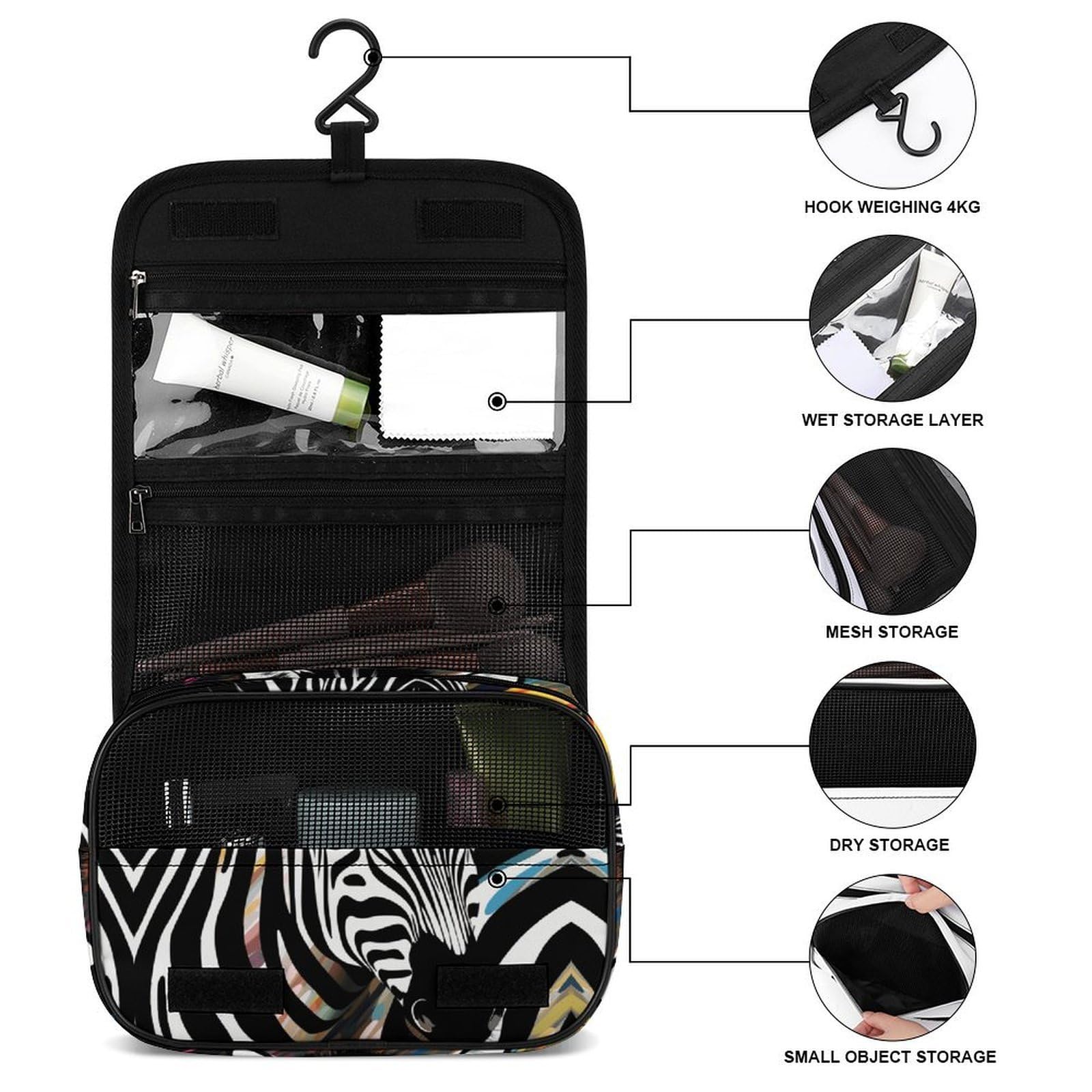 JTREHY Abstract Animal Zebra Hanging Toiletry Bag, Lightweight Durable Polyester Travel Cosmetic Organizer with Hook, Multi-Compartment Wash Bag for Travel Gym Camping Bathroom Storage