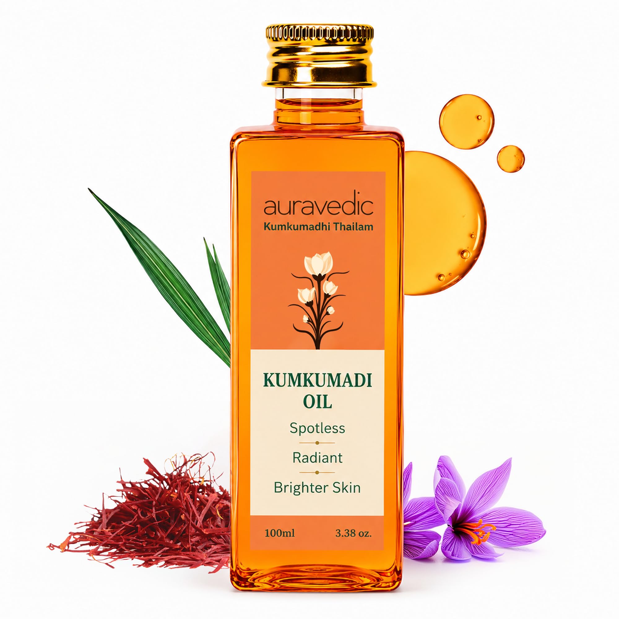 Auravedic Kumkumadi Oil Pure Saffron for Ultra Radiant Skin | Ayurvedic Oil for Dull, Dehydrated & Tired Skin | Lightweight Hydrating Formula for Smooth Texture | 3.38 Fl Oz (100ml)