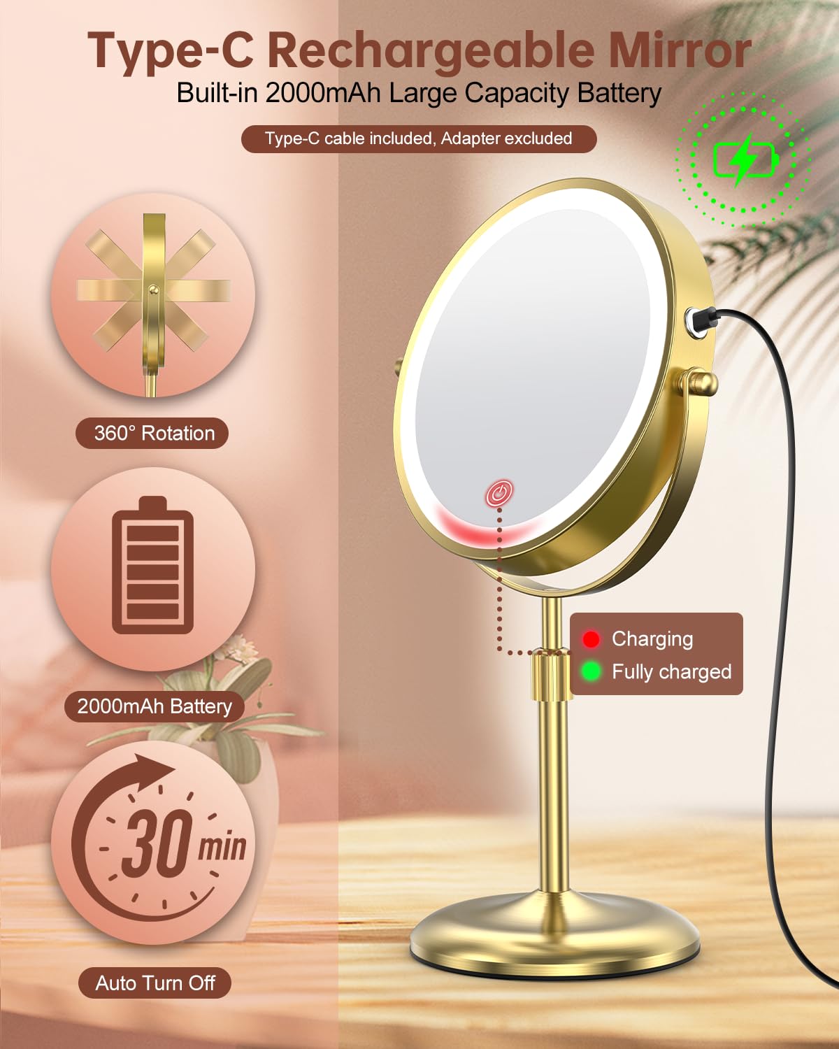 Benbilry 7" Lighted Makeup Mirror with 3 Color Lights & 10X Magnification, Adjustable Brightness & Height, 360° Swiv