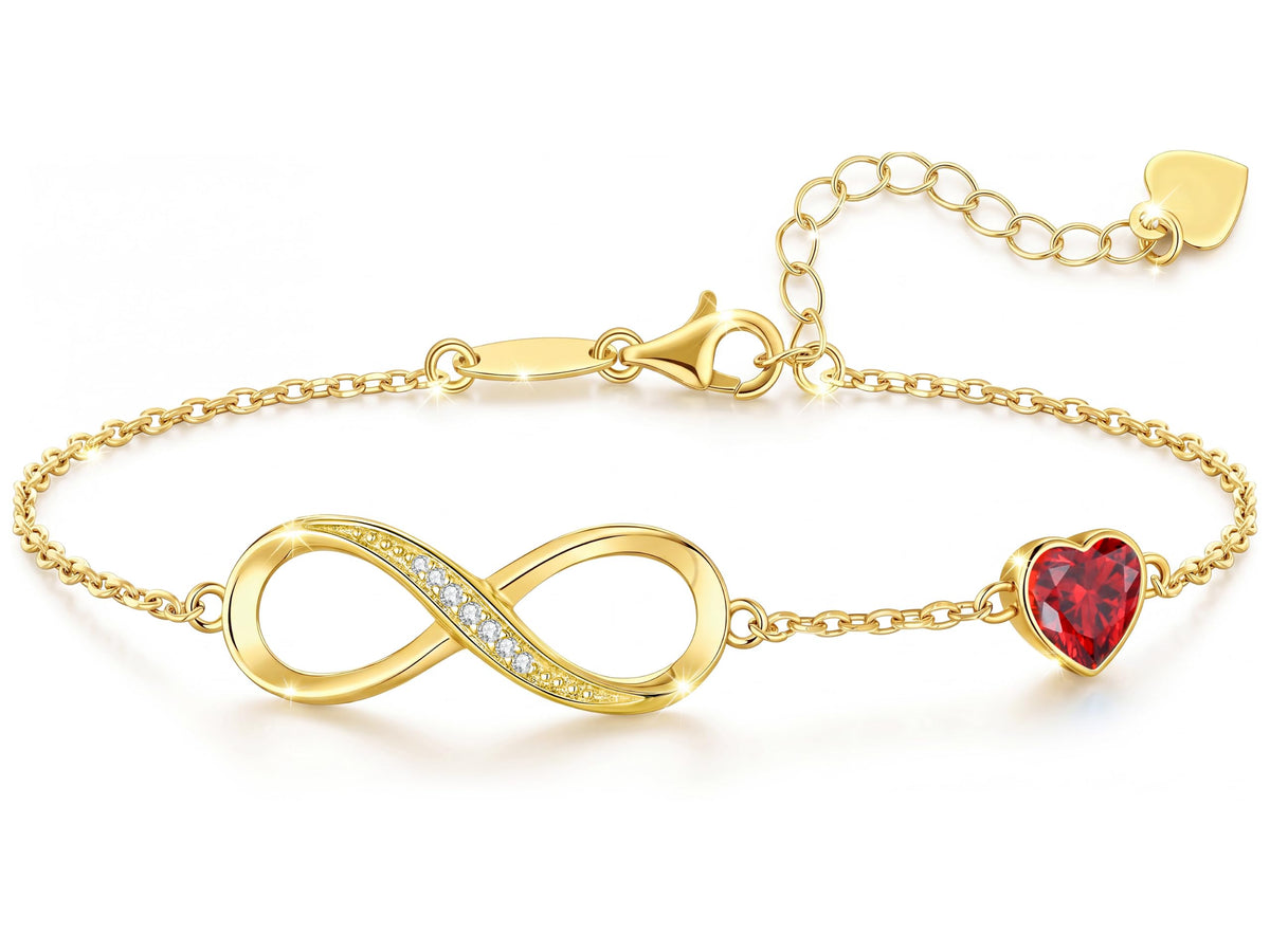 CDE Birthstone Infinity Bracelet 14K Gold Plated Jewelry Gift for Women – 01/07-Jan.&Jul.-Ruby Red, Medium