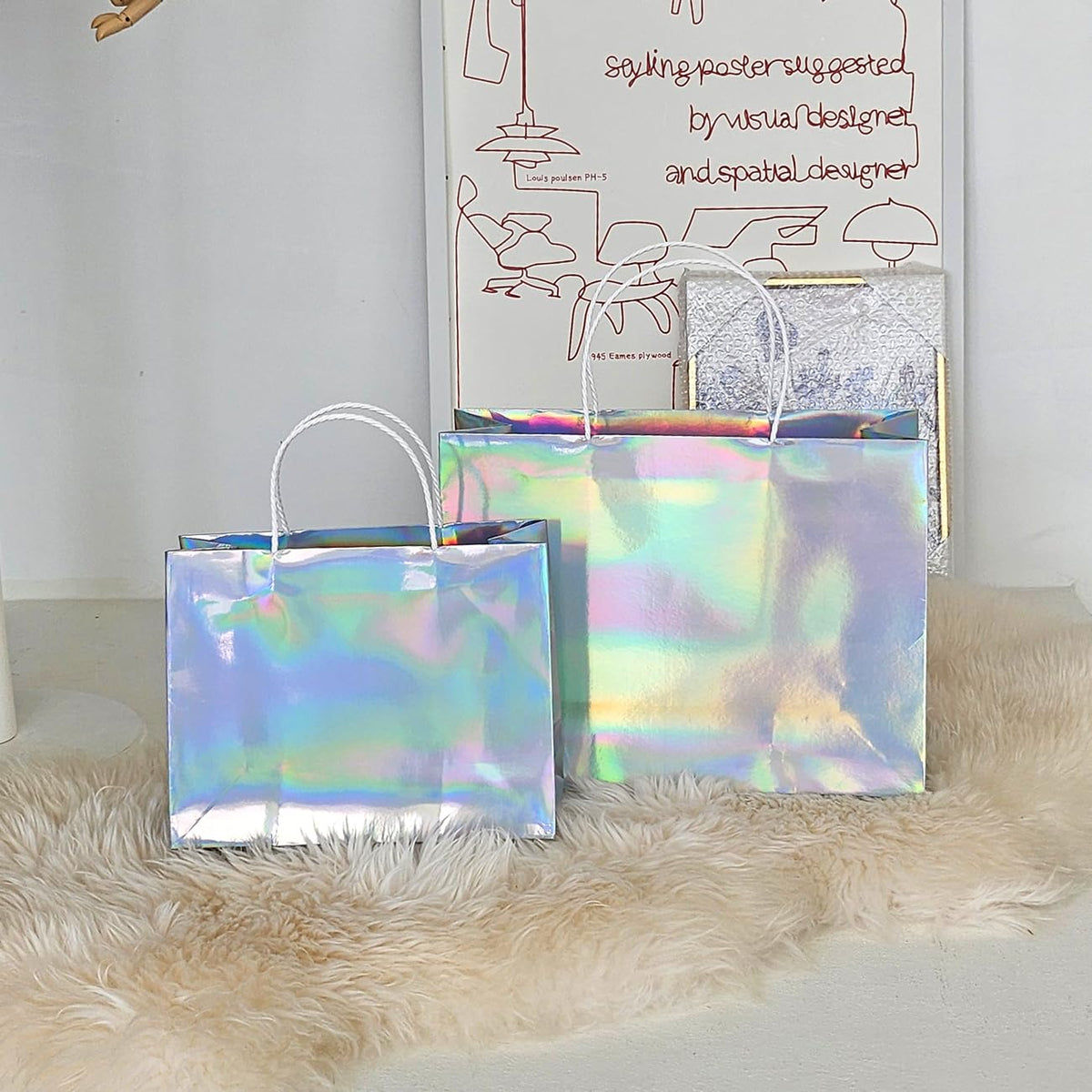 PAPERIST 5pcs 15.7x5.5x11.8 (3) Large, Holographic Silver Coating Gift Bags with Premium White Handles, Glossy Laminated