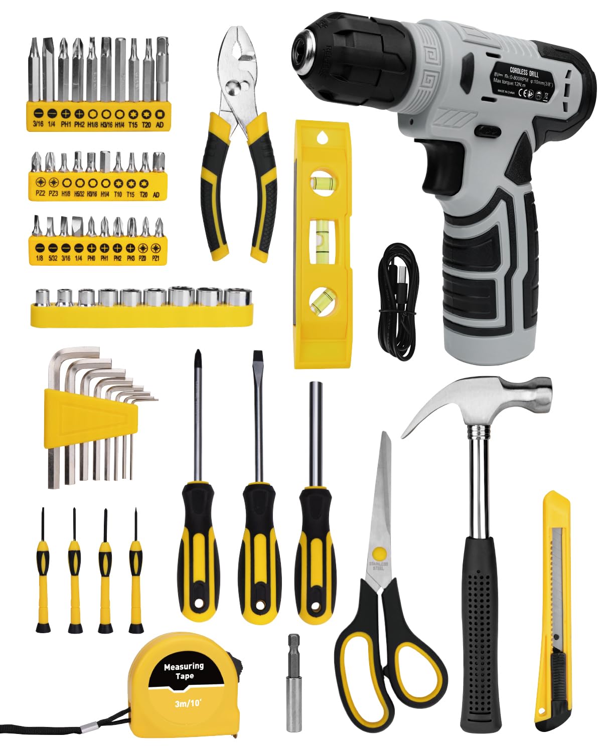 Thatool 139-Piece Home Tool Kit with 8V Cordless Drill and Storage Case – packaging and label