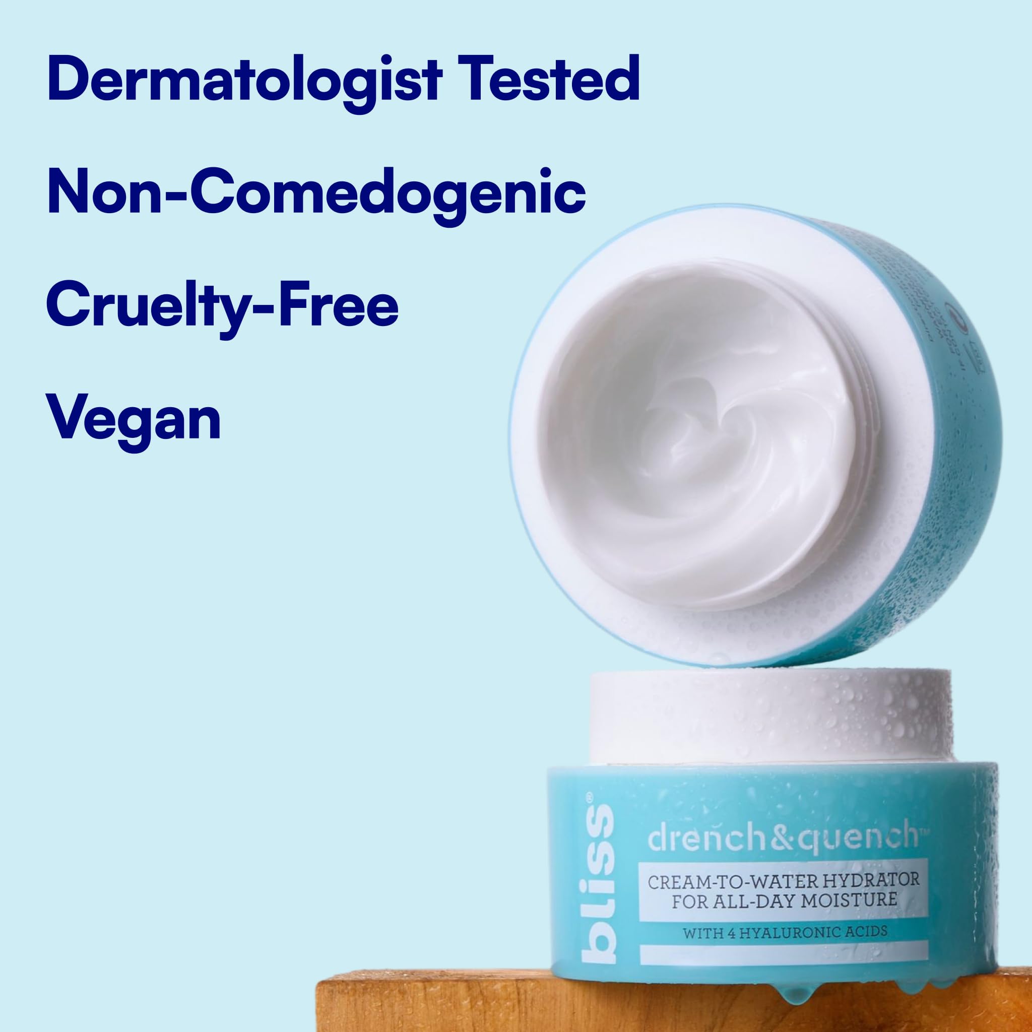 Bliss Drench & Quench hyaluronic acid face moisturizer in 1 fl oz jar, smooth and hydrating skincare product.