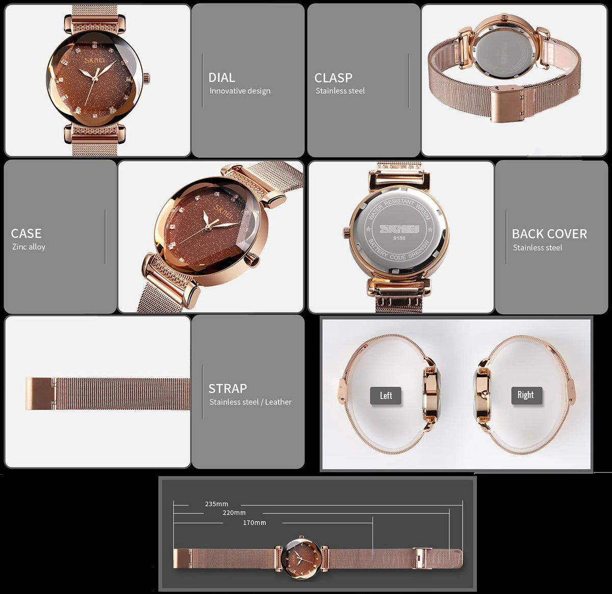 Gosasa Elegant Womens Quartz Watch, Crystal Dial Stainless Steel Mesh Watch – alternate angle
