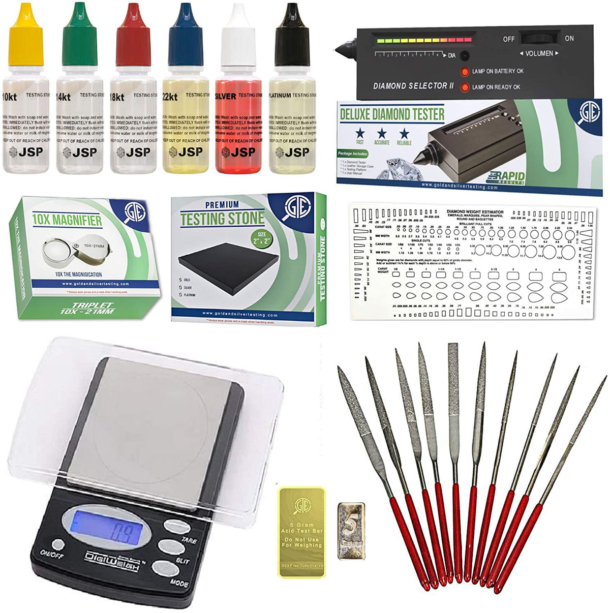 GTE Gold Silver Platinum Diamond Jewelry Tester Appraisal Kit 10K 14K 18K 22K 24K Electronic Scale Test 30X Eye Loupe Ma