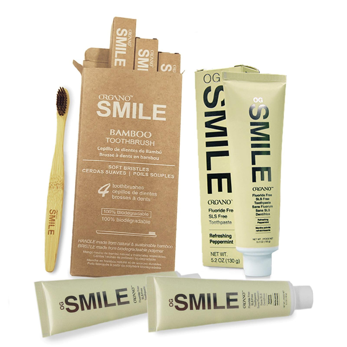 ORGANO OG Smile Oral Care Bundle (3 Toothpaste and 1 Set [of 4] Bamboo Toothbrushes) – product photo (Manual Toothbrushe