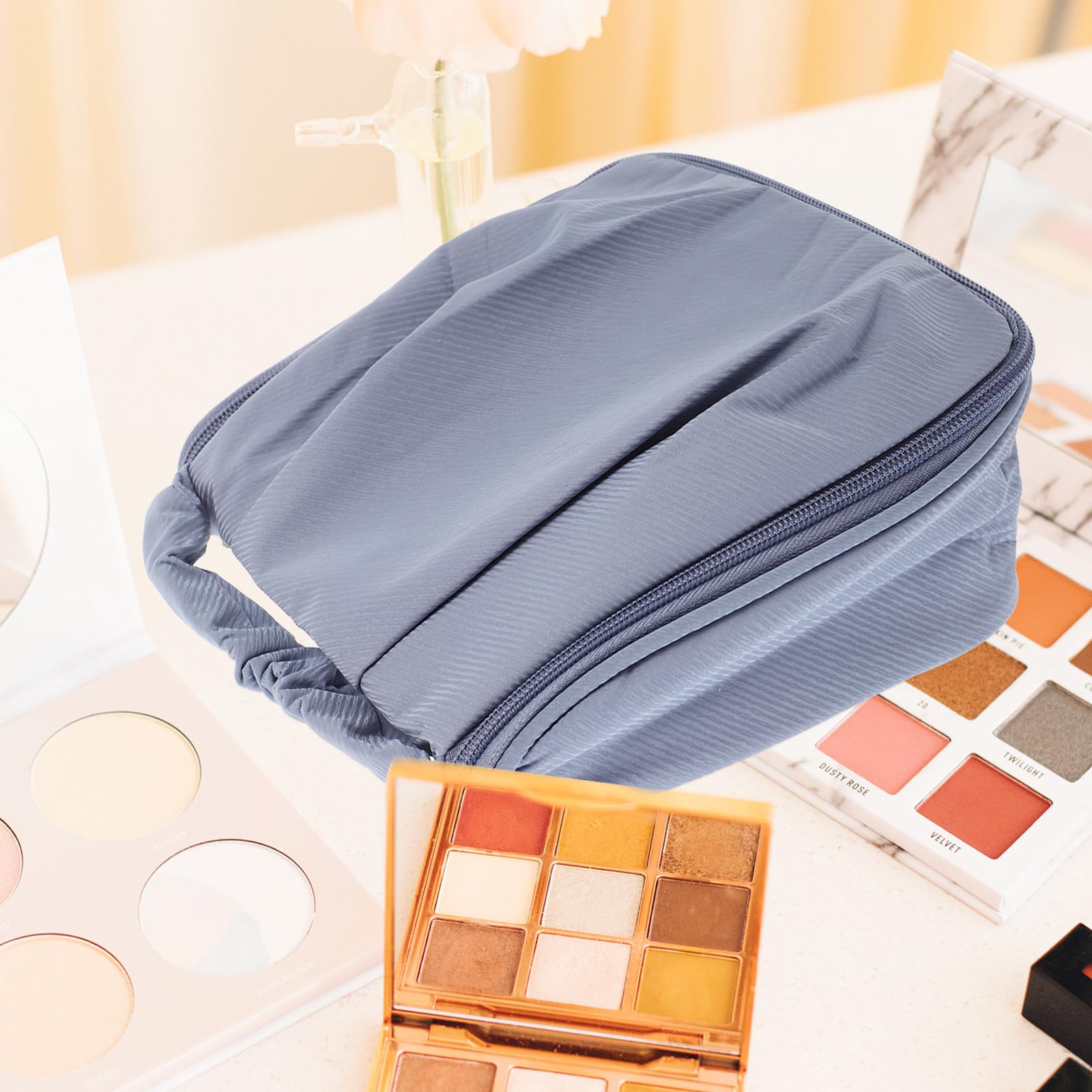 PRETYZOOM large waterproof travel cosmetic case with handle, blue makeup organizer and toiletry bag for women.
