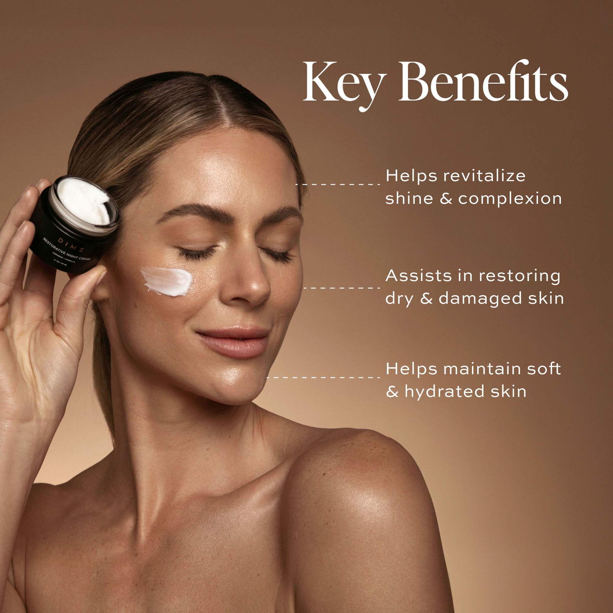 DIME Beauty Restorative Night Cream with ceramides in a 1.7oz jar, showcasing smooth, creamy moisturizer for skin hydration.