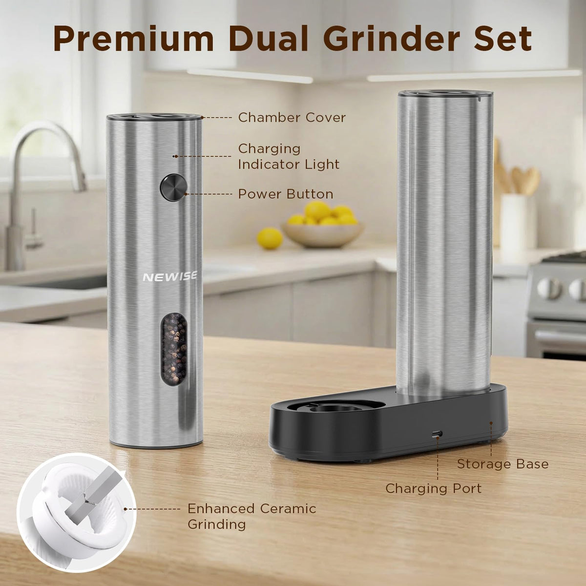 Electric Salt and Pepper Grinder Set Charging Base Stainless - Newise Official Imagery - 8