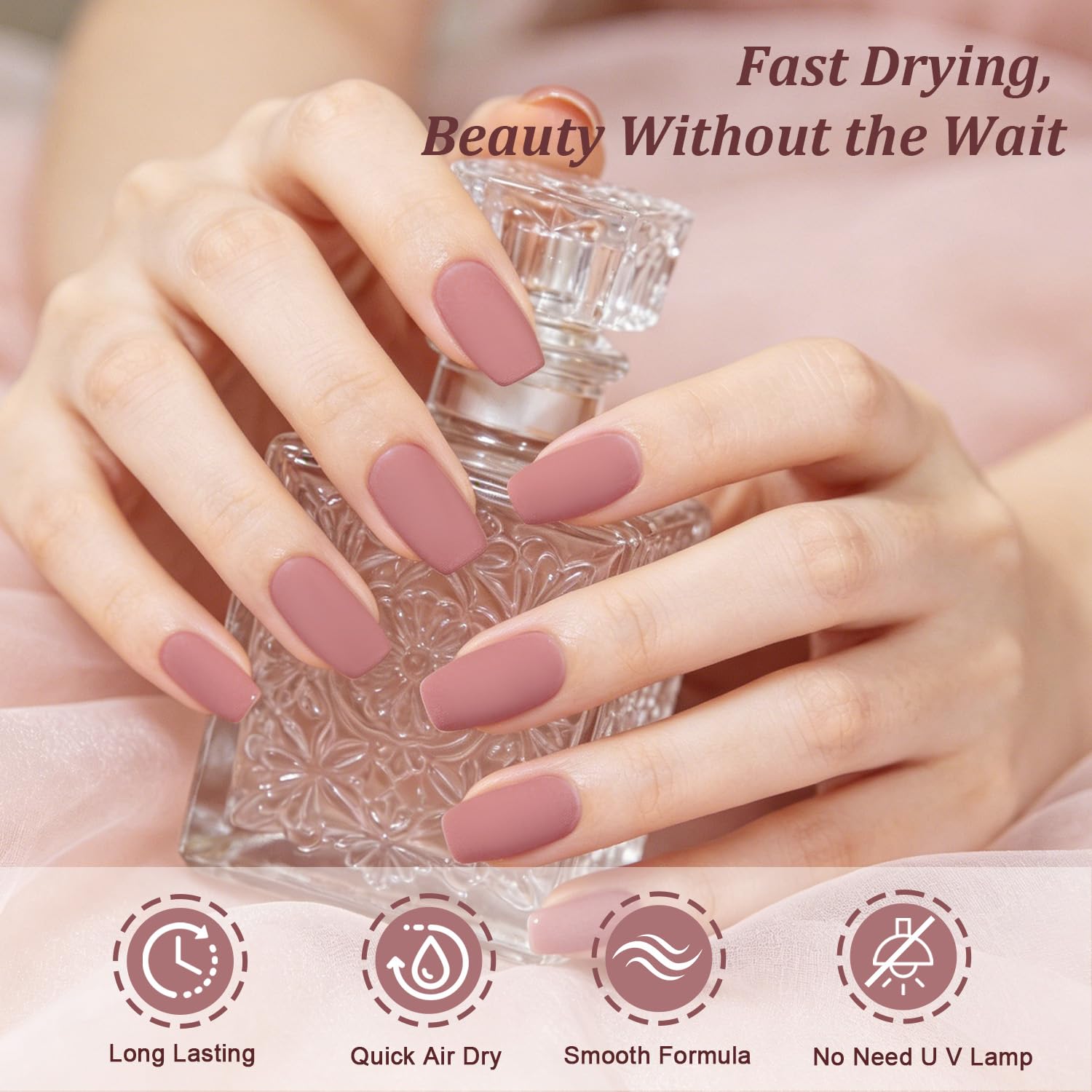 OpenLive Dusty Rose matte nail polish bottle with large volume and quick-dry formula, displayed with the cap removed showing the polish inside.