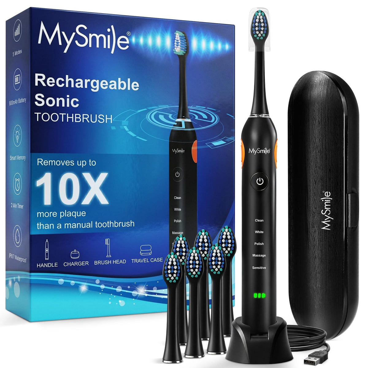 MySmile UC605 Electric Toothbrush, 80+ Day Battery, 6 Heads & Travel Case – product photo (Sonic)
