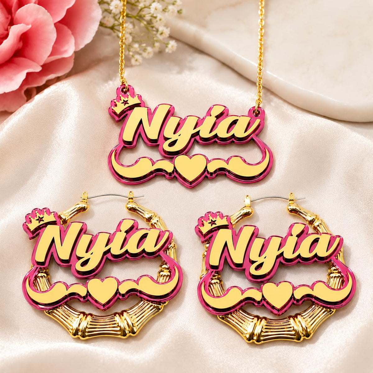 MIRROR MANIA Personalized Name Necklace & Bamboo Hoop Earrings Set | Custom Gold Nameplate Jewelry with Swirls, Heart & 