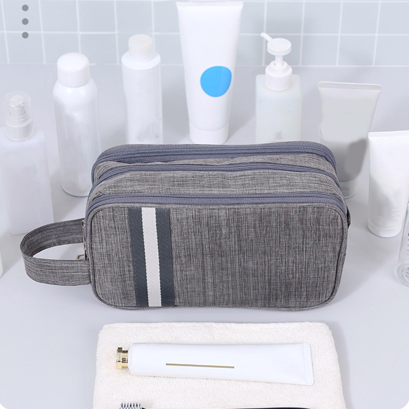 Gucagle cosmetic case toiletry bag with dry and wet compartments, lightweight polyester travel organizer for cosmetics storage.