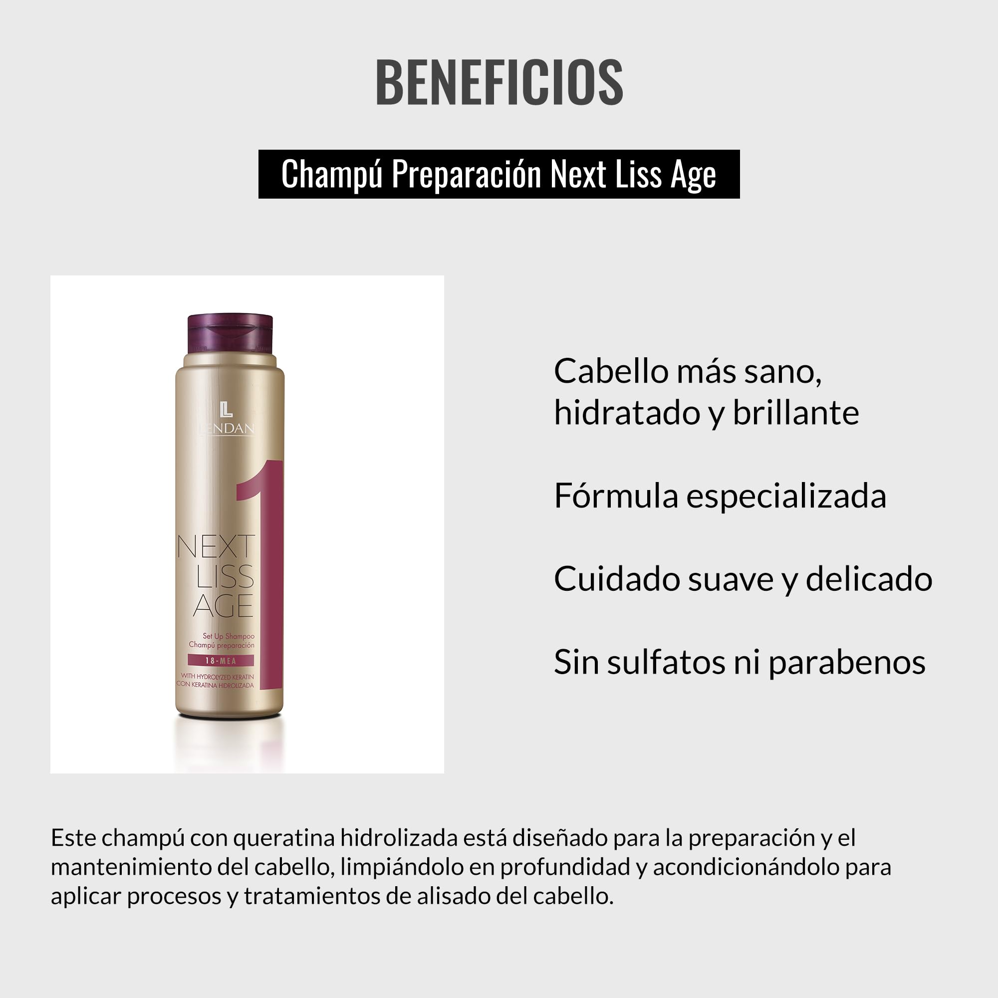 Lendan Next Liss Age sulfate-free shampoo with hydrolyzed keratin, 300 ml, for pre-straightening maintenance in step 1.