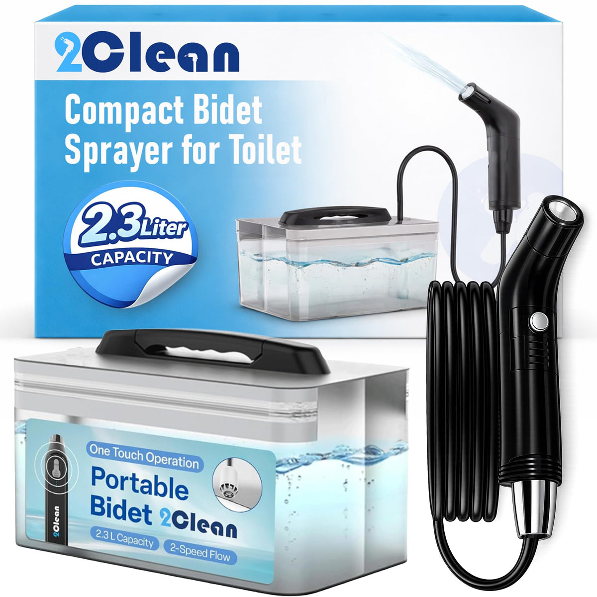 2Clean Portable Electric Travel Bidet, USB Rechargeable for Men & Women – Black White Blue Pink White