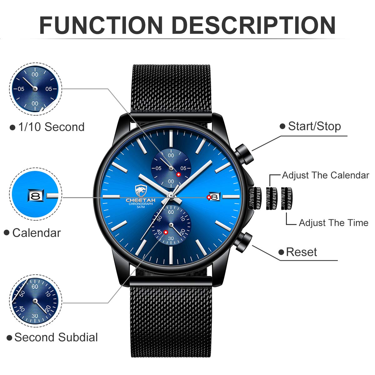GOLDEN HOUR Mens Watch Fashion Sleek Minimalist Quartz Analog Mesh Stainless Steel Waterproof Chronograph Watches for Me
