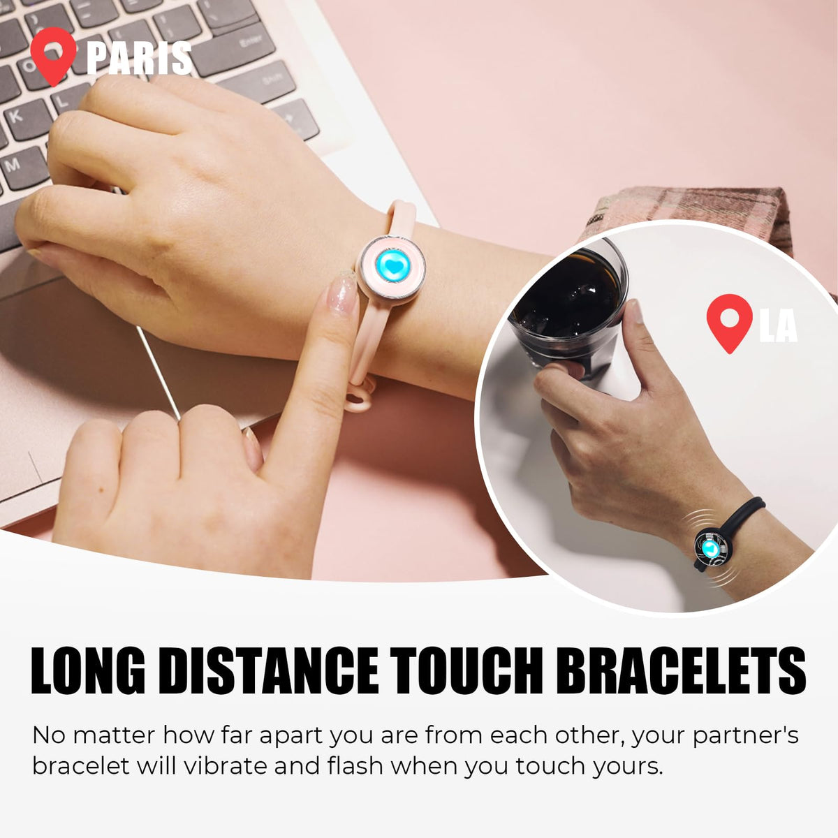 TOTWOO Long-Distance Touch Bracelets for Love, Smart Bracelets – close-up detail in Candy, Pure Pink/Wave Black