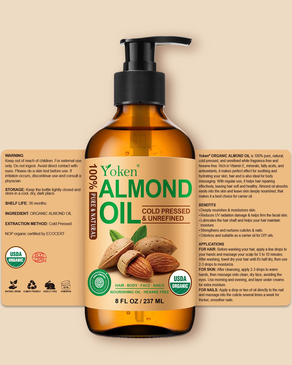 Yoken Organic Almond Oil 8 oz Glass Bottle, Cold Pressed for Skin & Hair