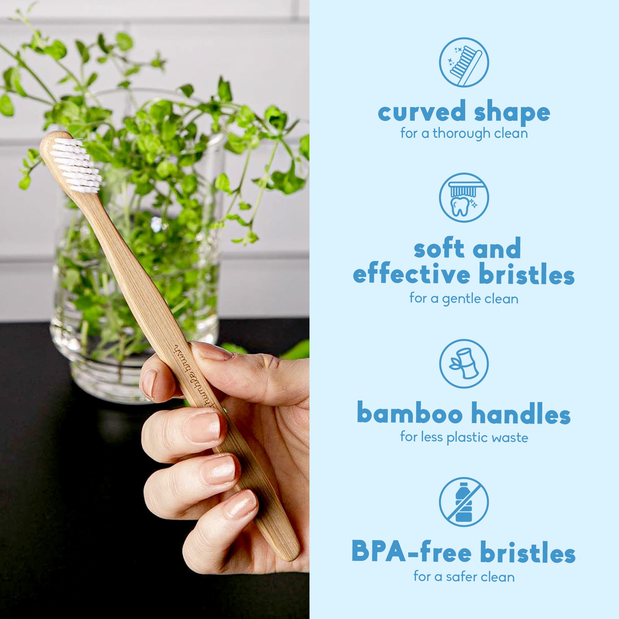 Set of five The Humble Co. bamboo toothbrushes with ultra-soft bristles, BPA-free eco-friendly oral hygiene tools.
