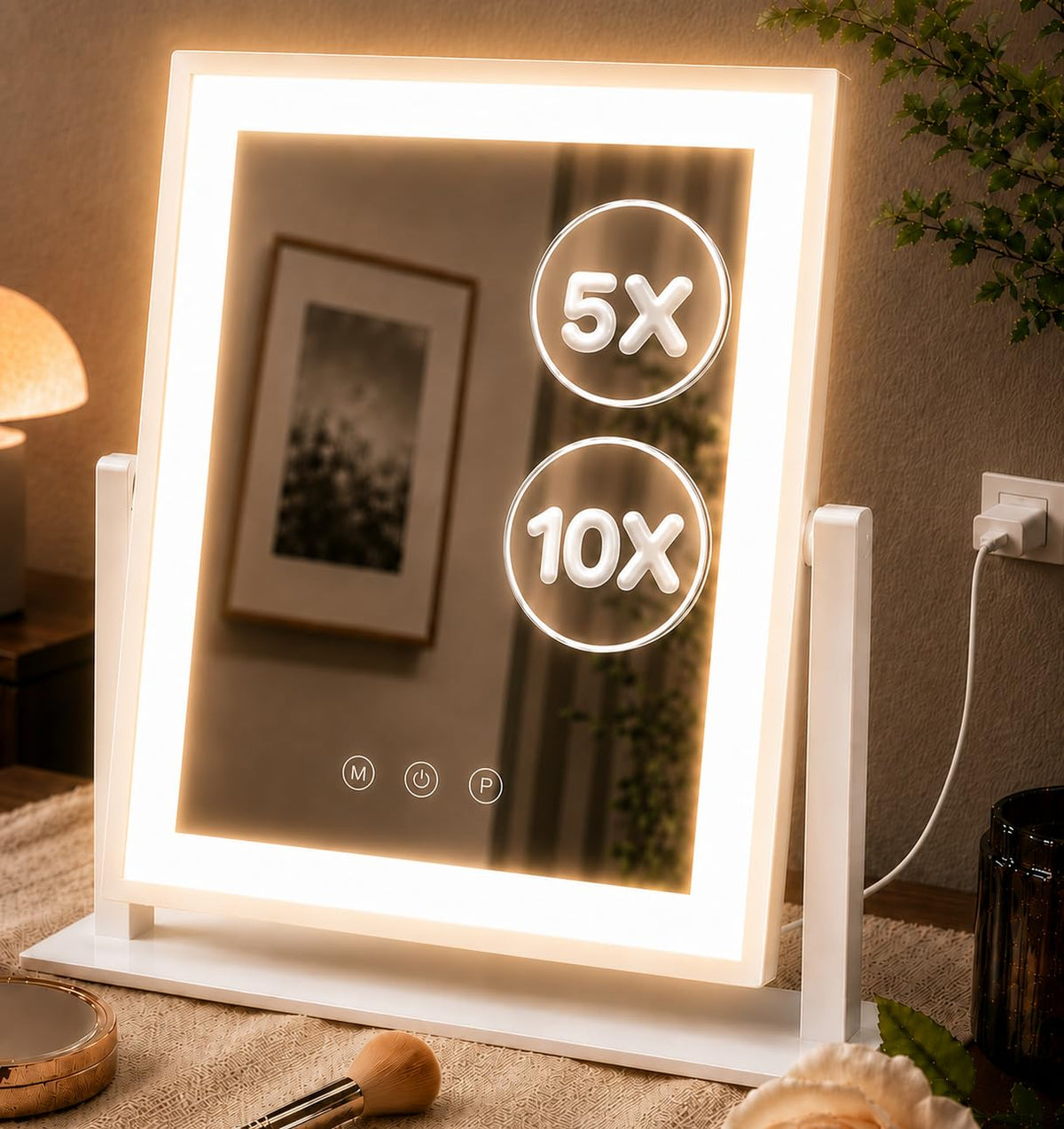 DECADENCE 14.1 x 12.1 in Lighted Makeup Mirror, 10X/5X Magnifiers – White, Iron