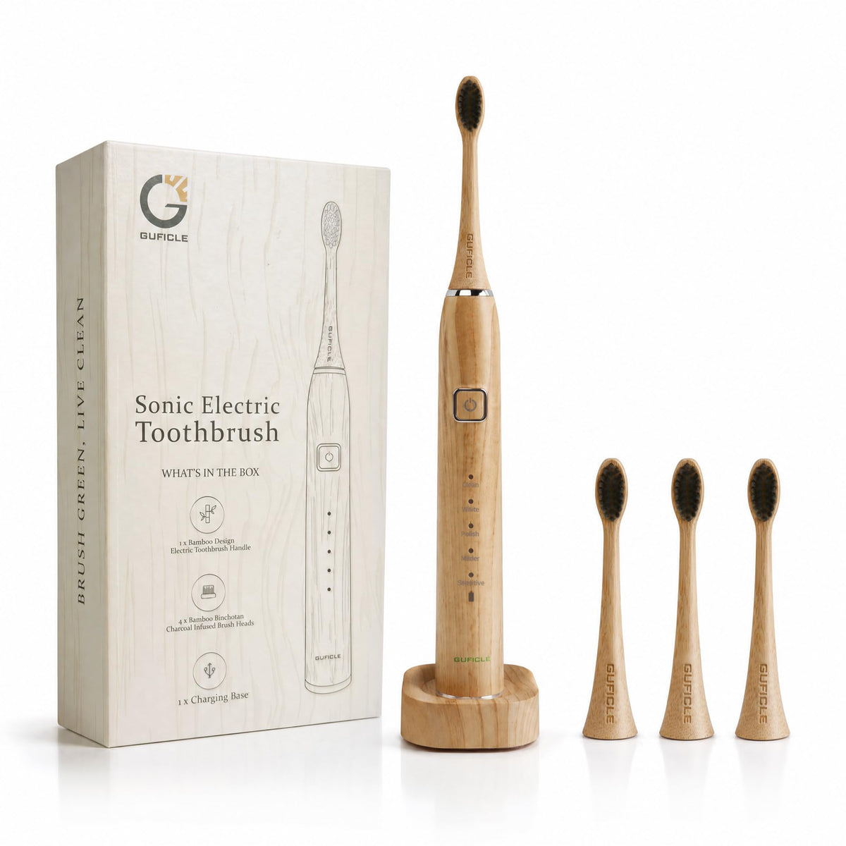 Sonic Electric Toothbrush with Bamboo Heads Charcoal Infused - GUFICLE Official Imagery - 2