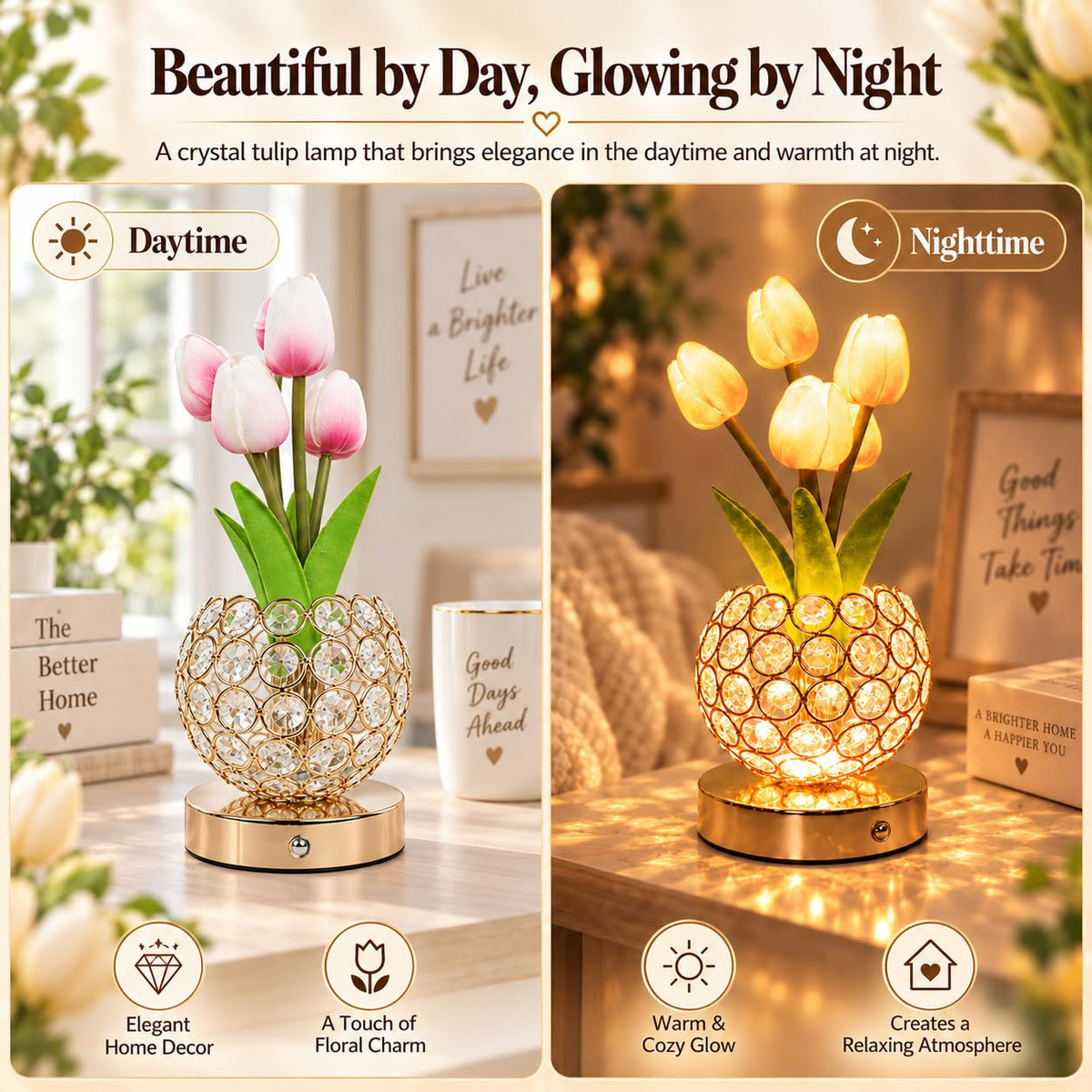 Komothala 4000mAh Rechargeable Crystal Tulip Lamp, Cordless Bedside Nightstand Light