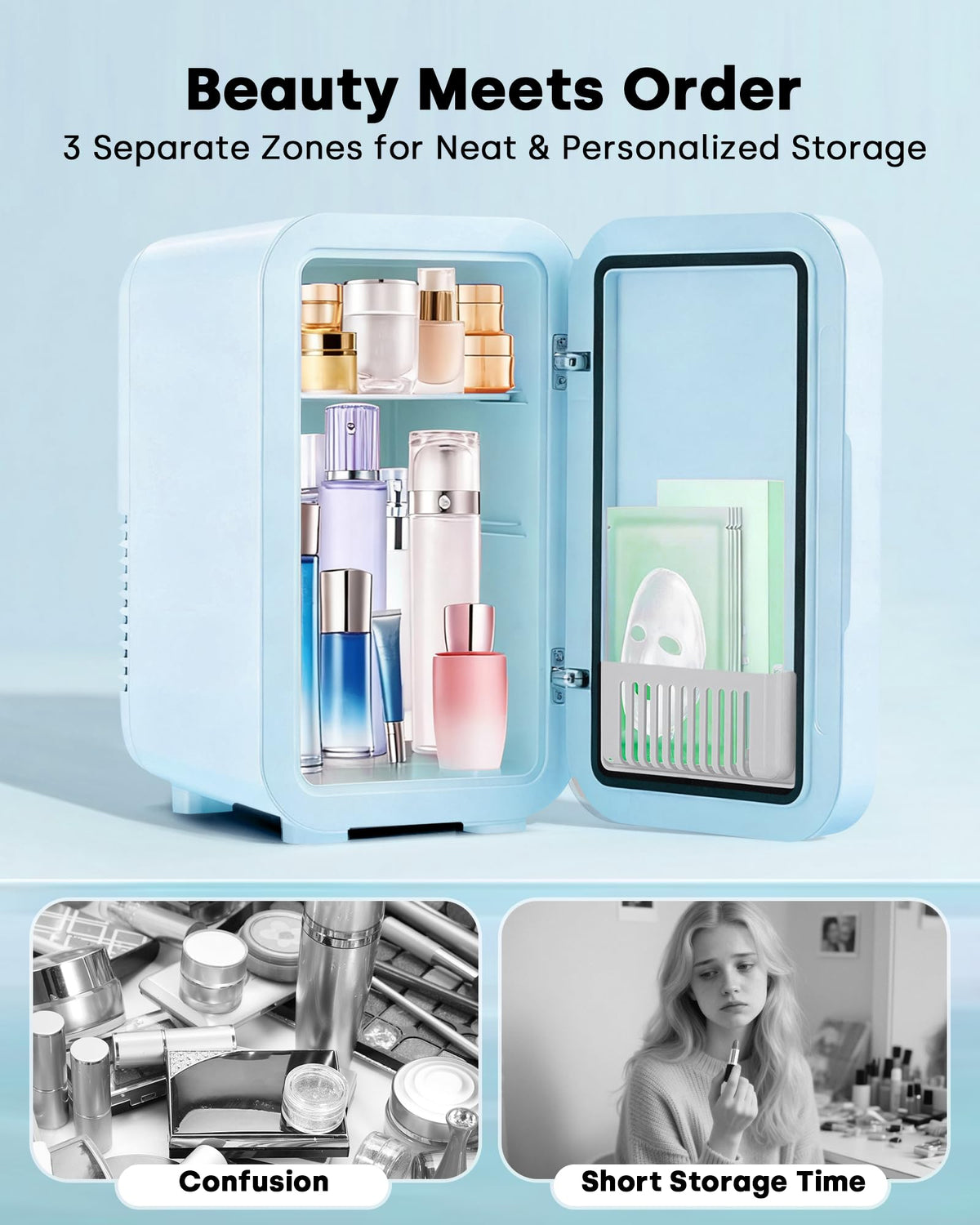 Enventor Mini Fridge, 6 L/8 Can Skincare Fridge, Small Fridge for Bedroom – back view and specifications